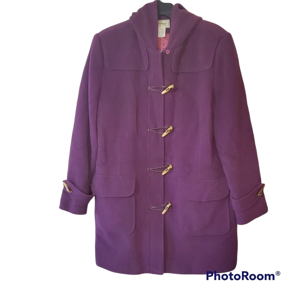 LL Bean long wool toggle button duffle coat with hood size large regular